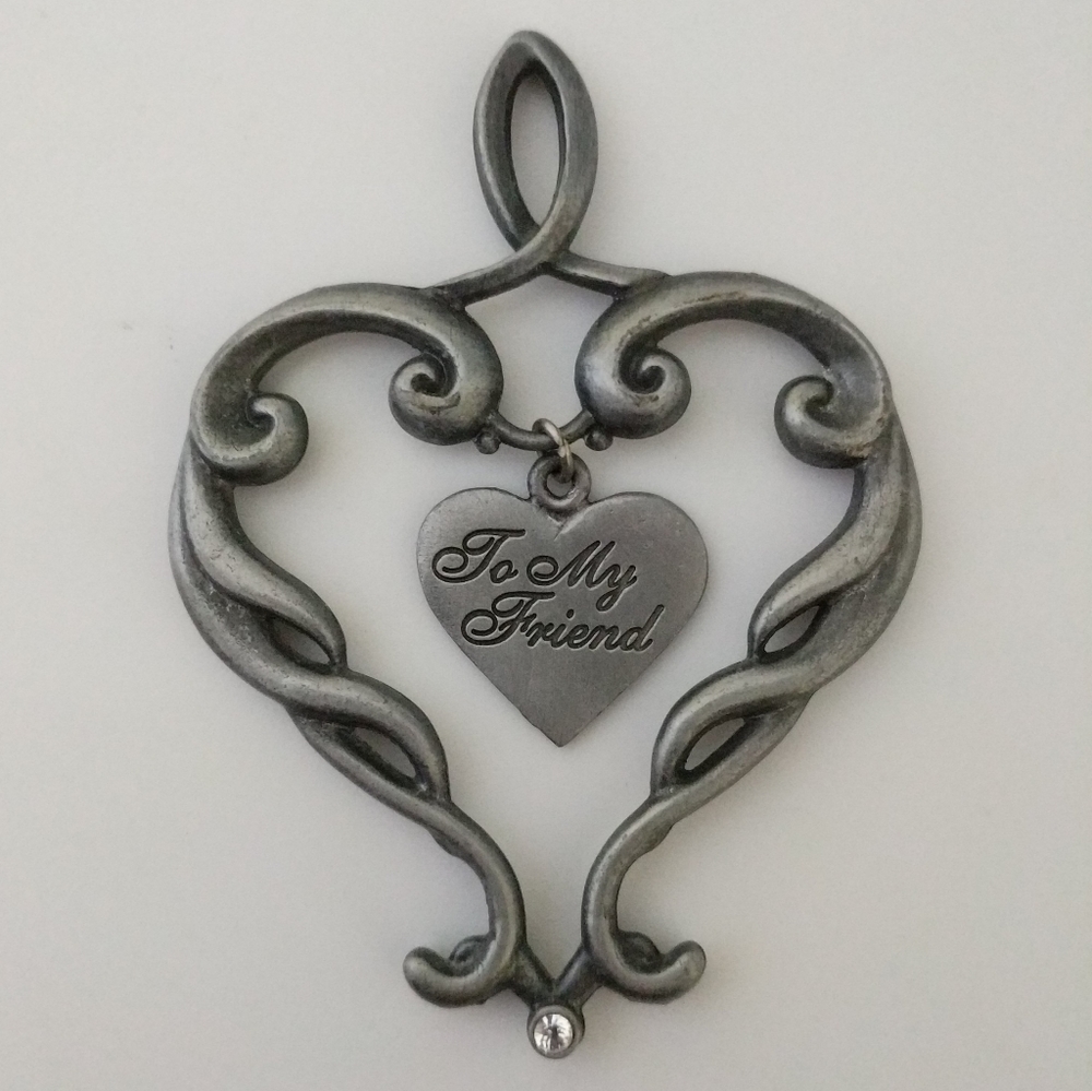 Pewter Heart Scroll Ornament, Dangle, Friend